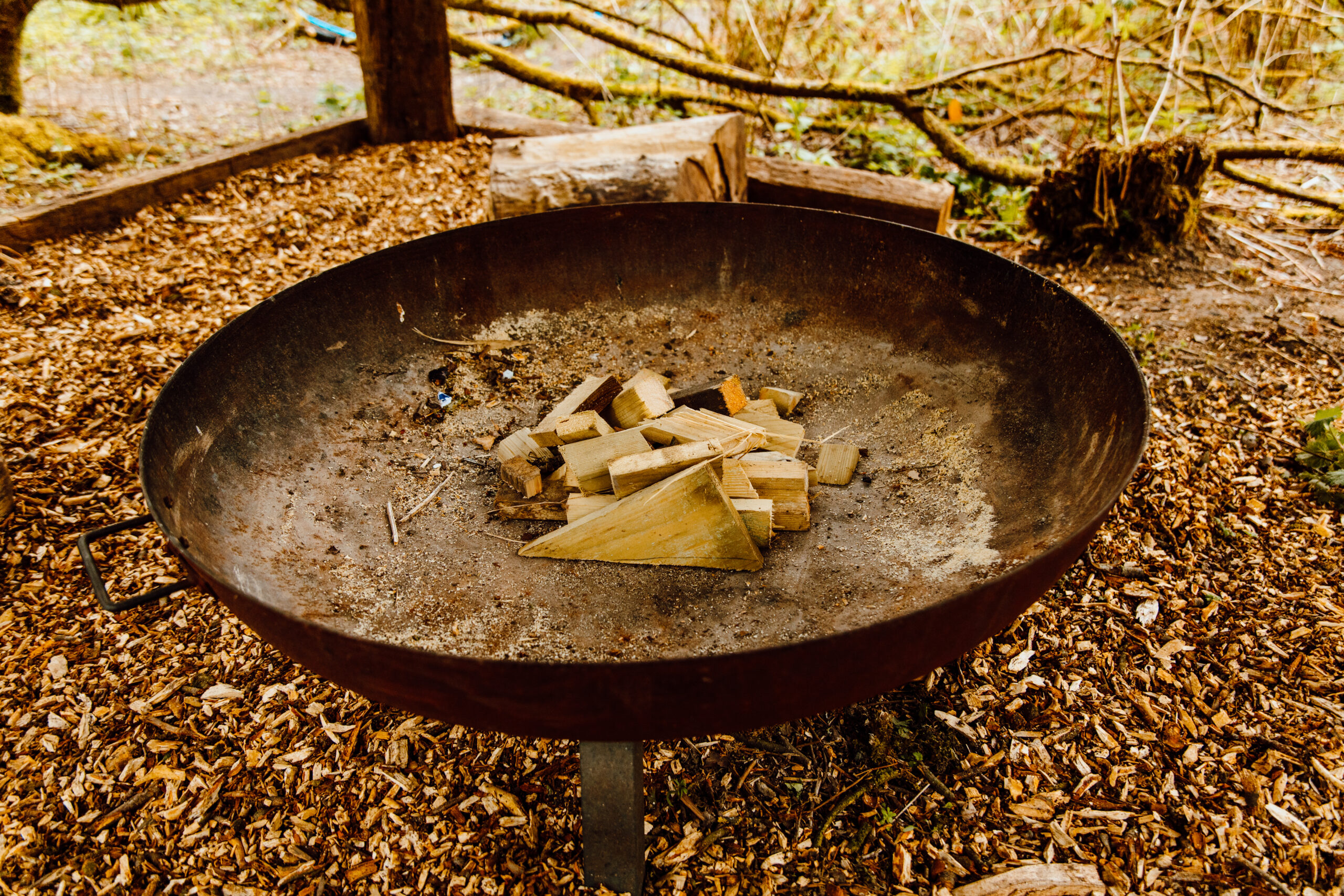 A large metal round fire pit sat on woodchip ground.
