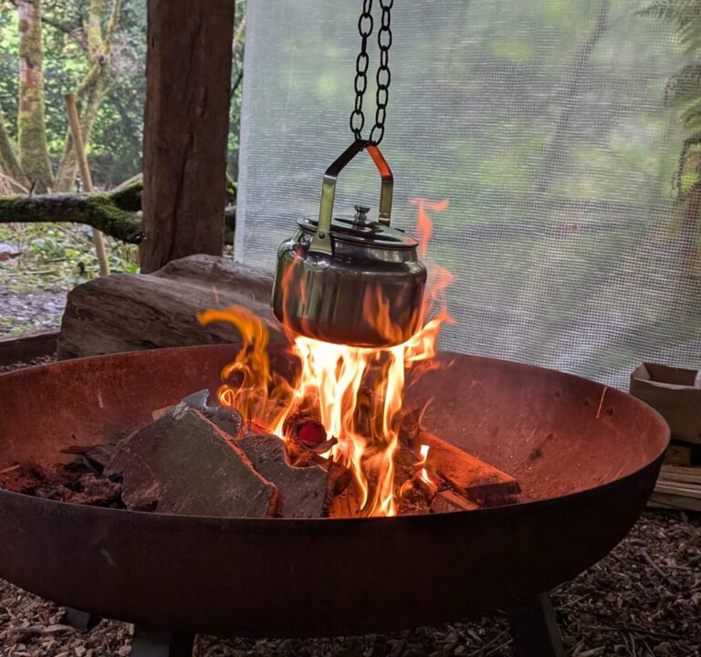 A silver kettle over an open flame at The Eden-field Project